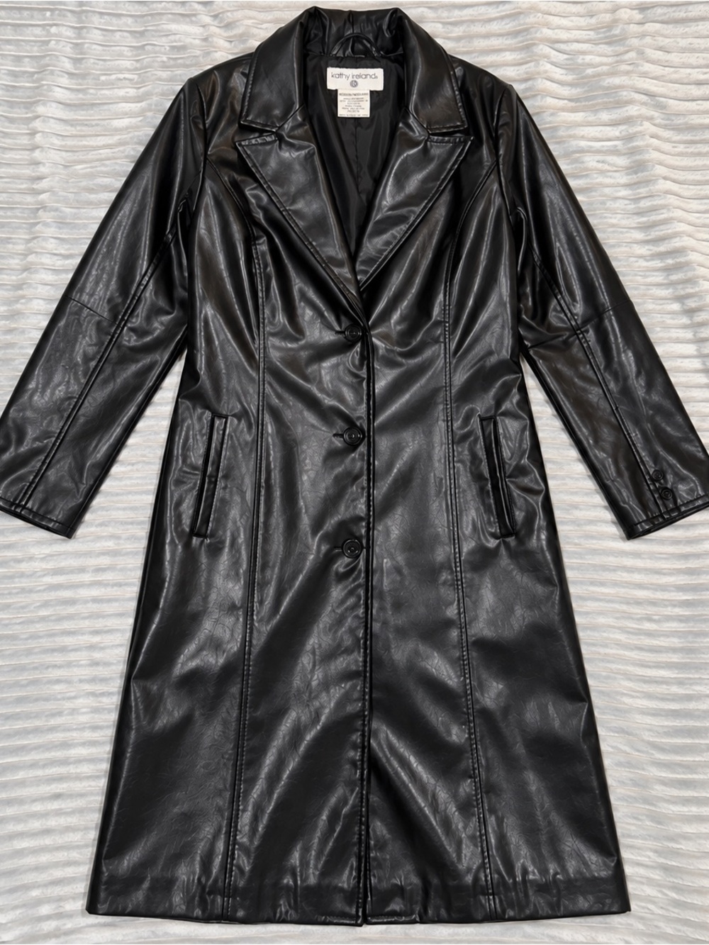 kathy ireland Black Faux Leather Longline Button-Front Coat